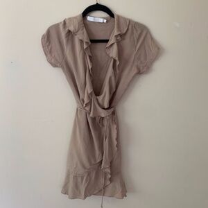 REVOLVE x DeLacy Taupe Wrap Dress with Ruffle Trim
